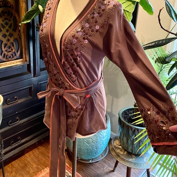 Anthropologie chocolate embellished wrap top - Picture 10 of 14